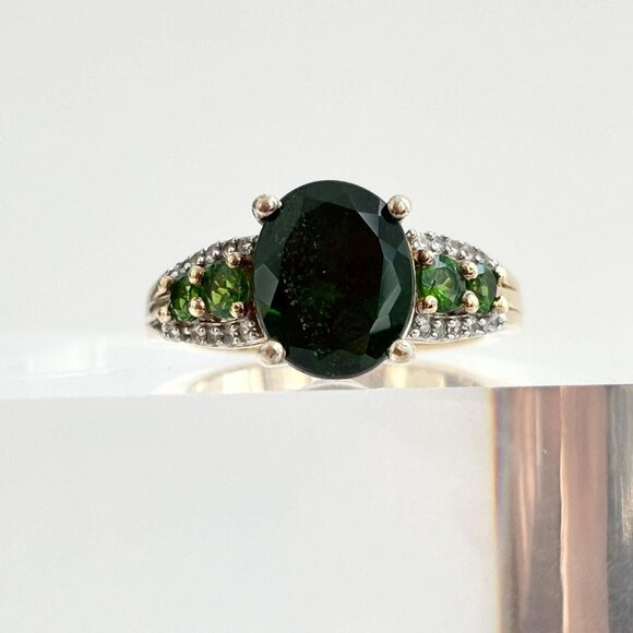 Vintage Jewelry - Chrome Diopside Sterling Silver Gilt (Vermeil) Gemstone Vintage Cocktail Ring 7